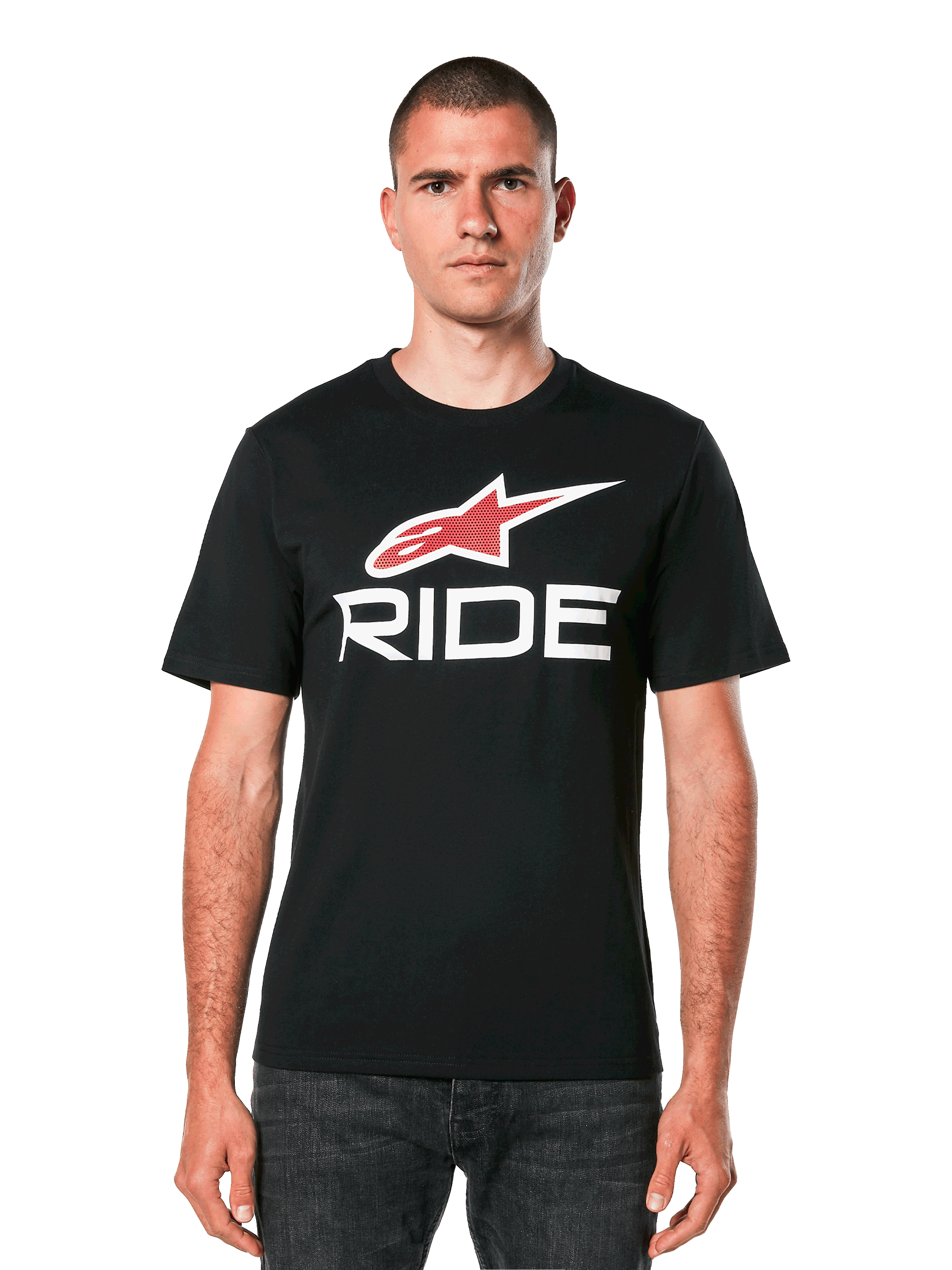 Alpinestars Ride 4.0 CSF Tee, Black Short Sleeve T-Shirt with Red Star Logo and White RIDE Text Graphic, Men's Casual Motorsport Apparel