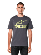 Alpinestars Ride 4.0 CSF Tee, Short Sleeve T-Shirt, Charcoal with Lime Yellow Astars and Ride logo, casual motorsport streetwear, worn by a model with dark jeans against a white background