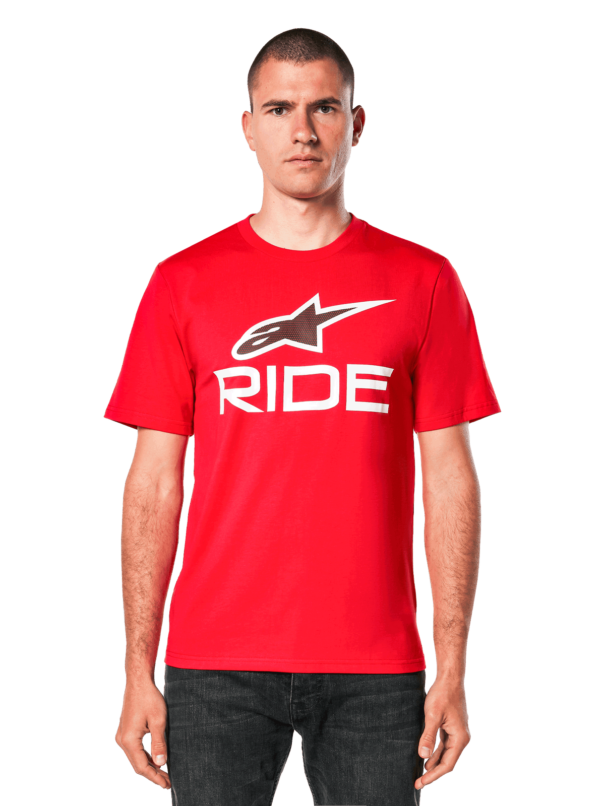 Alpinestars Ride 4.0 CSF Tee, Red short-sleeve t-shirt, white Alpinestars star logo and "RIDE" graphic on chest, front view on model, casual motorsport apparel