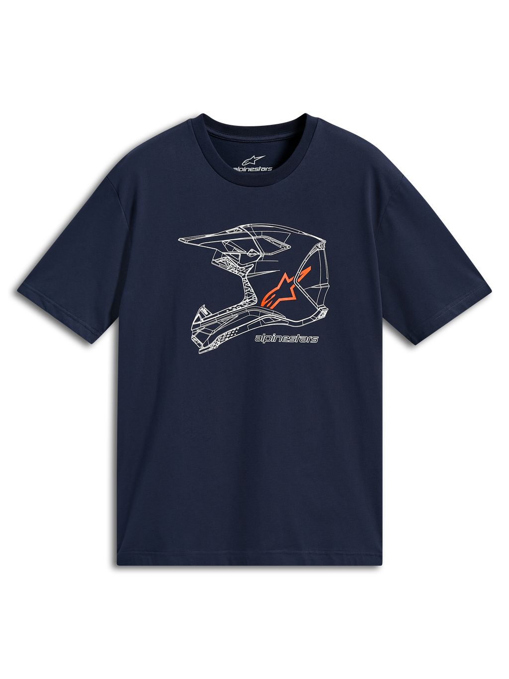 Alpinestars MX Helmet CSF Tee, Short Sleeve T-Shirt, Navy Blue, White MX helmet line art graphic with orange logo, Casual Motorsport Sportswear