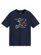 Alpinestars MX Helmet CSF Tee, Short Sleeve T-Shirt, Navy Blue, White MX helmet line art graphic with orange logo, Casual Motorsport Sportswear