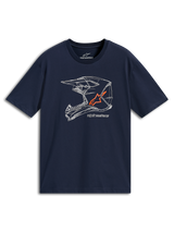 Alpinestars MX Helmet CSF Tee, Short Sleeve T-Shirt, Navy Blue, White MX helmet line art graphic with orange logo, Casual Motorsport Sportswear