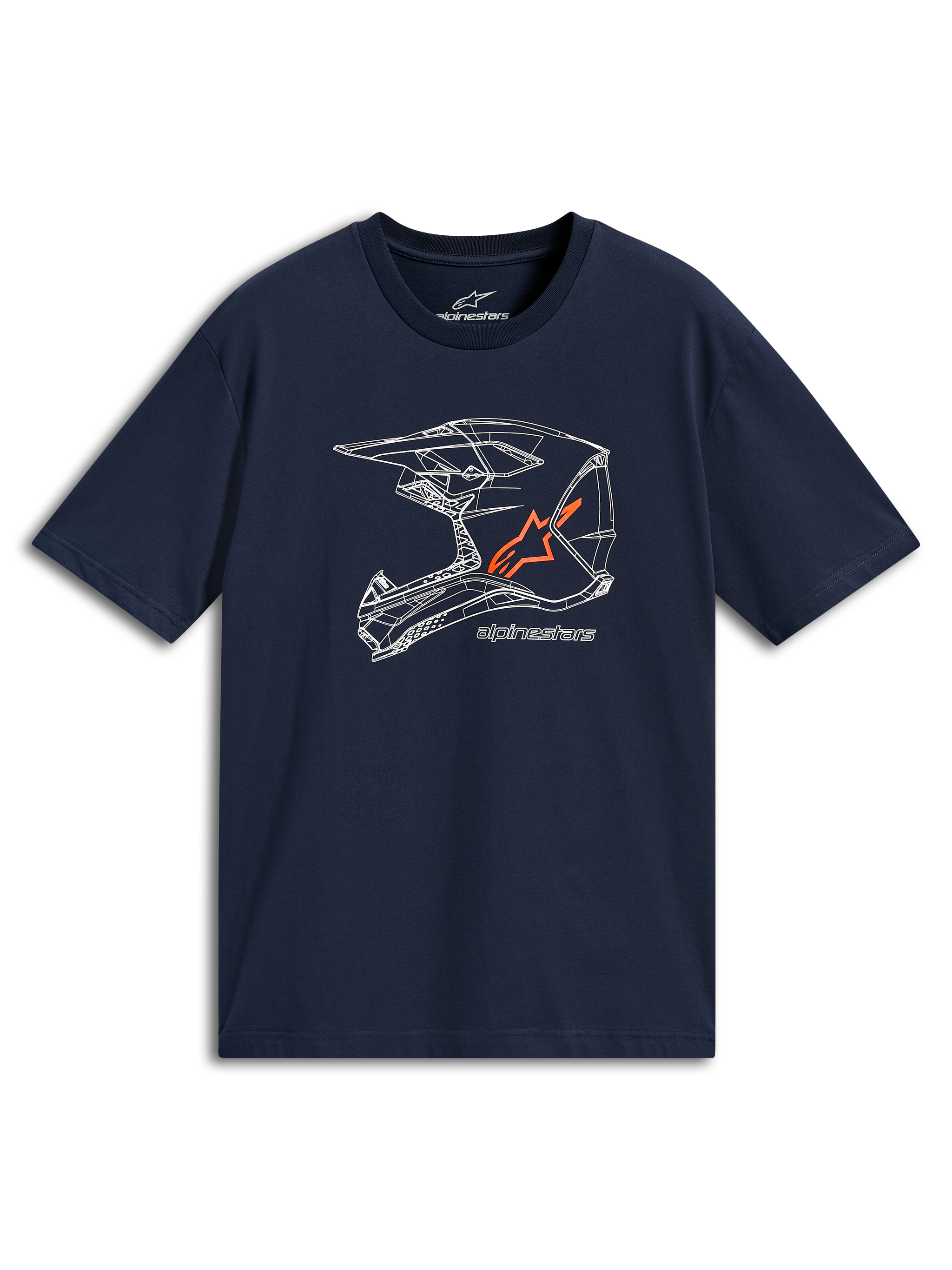 Alpinestars MX Helmet CSF Tee, Short Sleeve T-Shirt, Navy Blue, White MX helmet line art graphic with orange logo, Casual Motorsport Sportswear