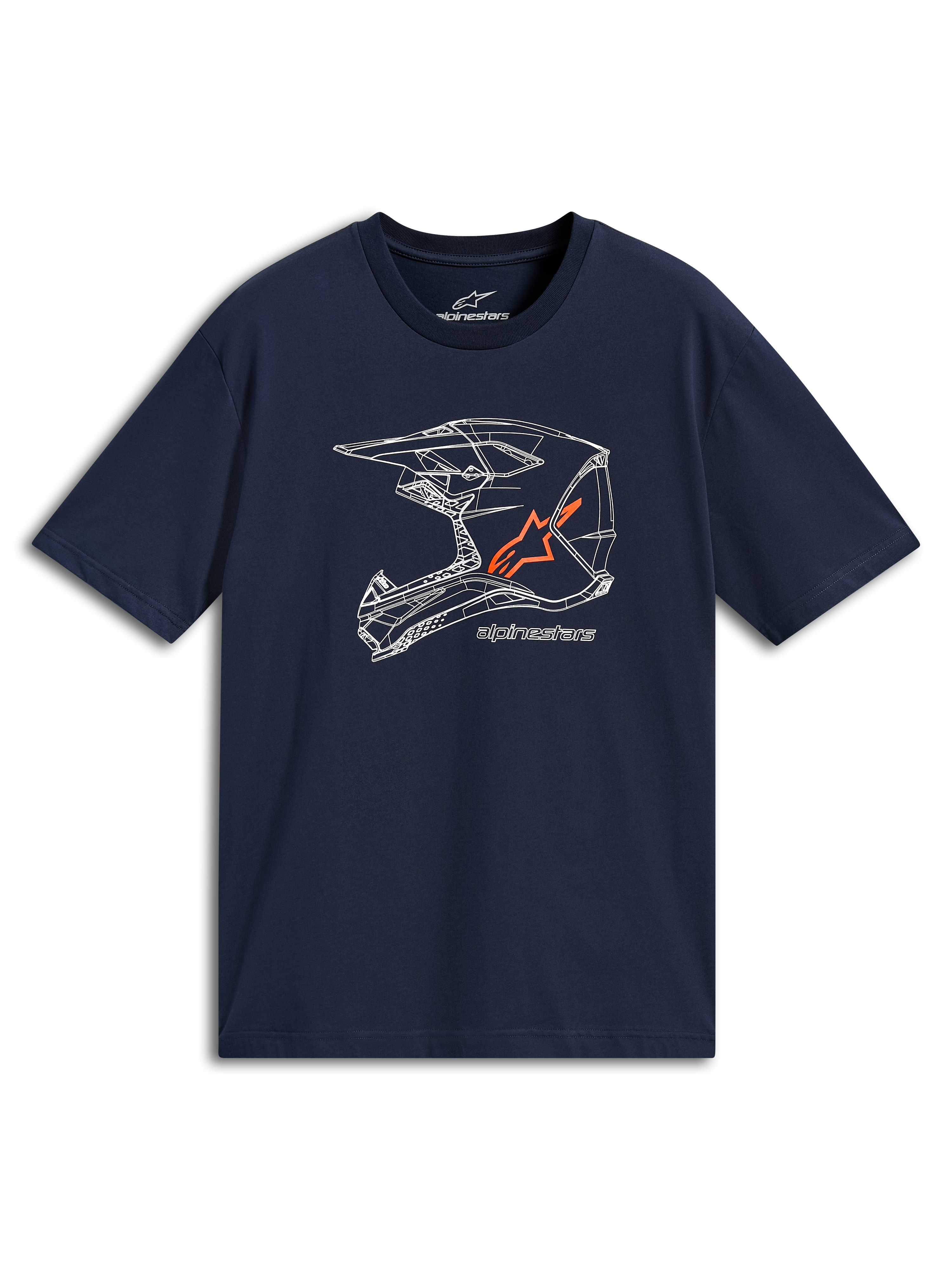 Alpinestars MX Helmet CSF Tee, Short Sleeve T-Shirt, Navy Blue, White MX helmet line art graphic with orange logo, Casual Motorsport Sportswear