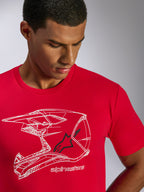 Alpinestars CSF Tee, Short Sleeve T-Shirt, Red, White MX Helmet Outline Graphic with Black Star Logo and brand name, worn by a man, casual motorsport streetwear