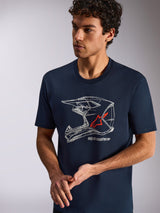 Alpinestars MX Helmet CSF Tee, Short Sleeve T-Shirt, Navy Blue, white MX helmet graphic with a red star logo, casual sportswear worn by model