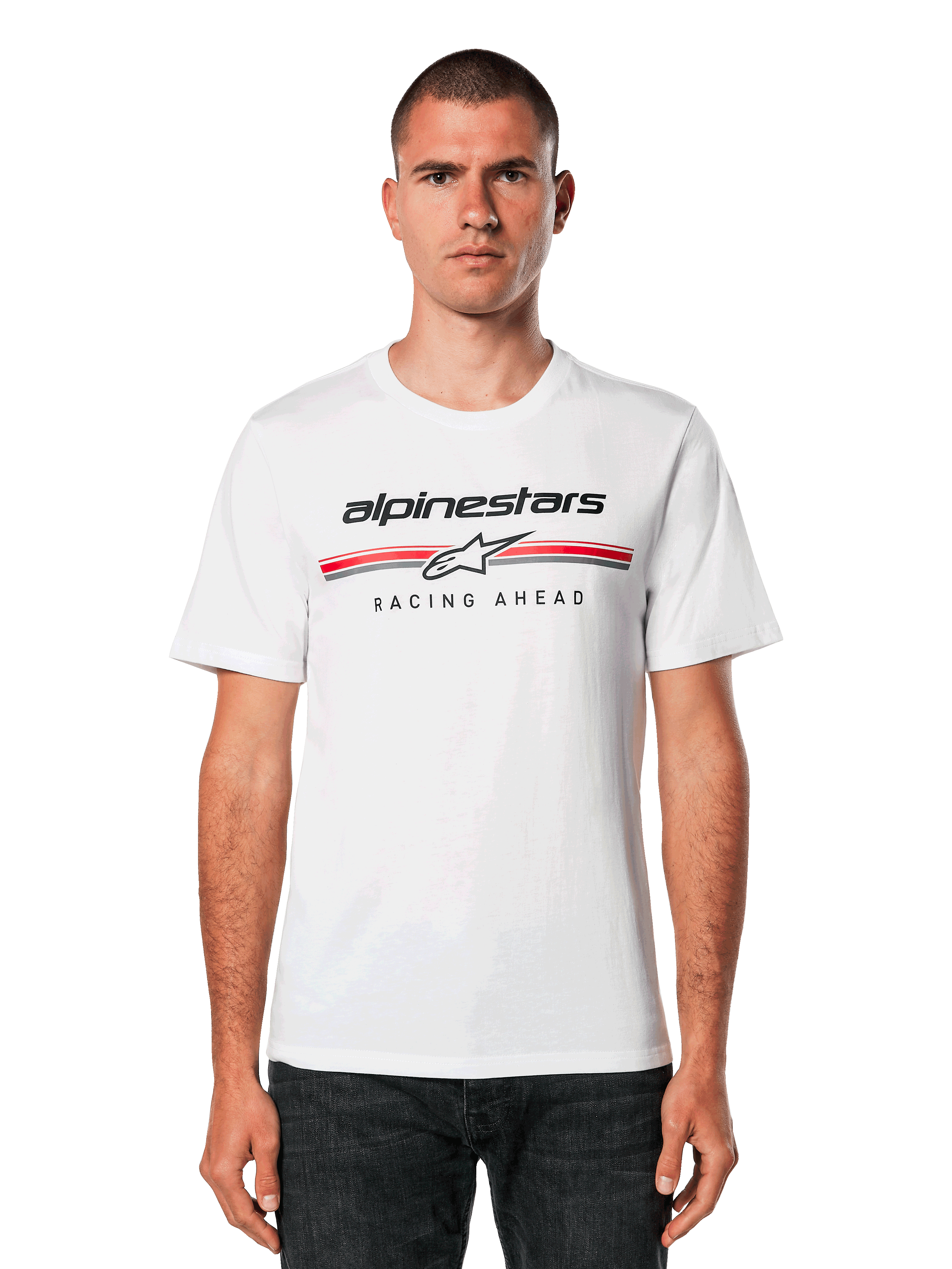 Alpinestars Betteryet CSF Tee, White Short Sleeve T-Shirt, features black Alpinestars logo and red and grey stripes with "Racing Ahead" graphic, modeled by a man with dark jeans, casual motorsport streetwear
