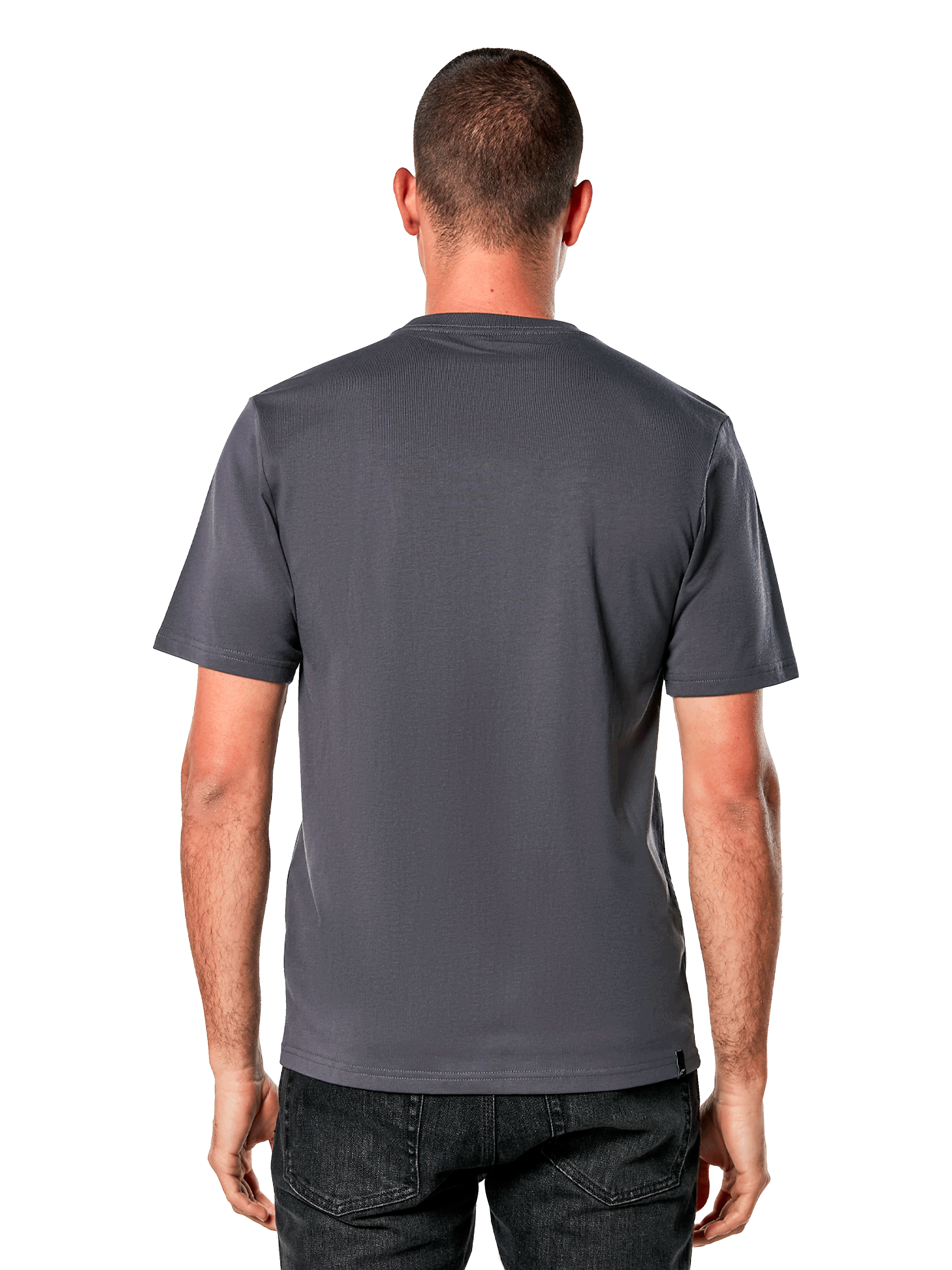 Alpinestars Galun CSF Tee, Short Sleeve T-Shirt, Charcoal, plain back view, worn with black jeans, casual motorsport streetwear