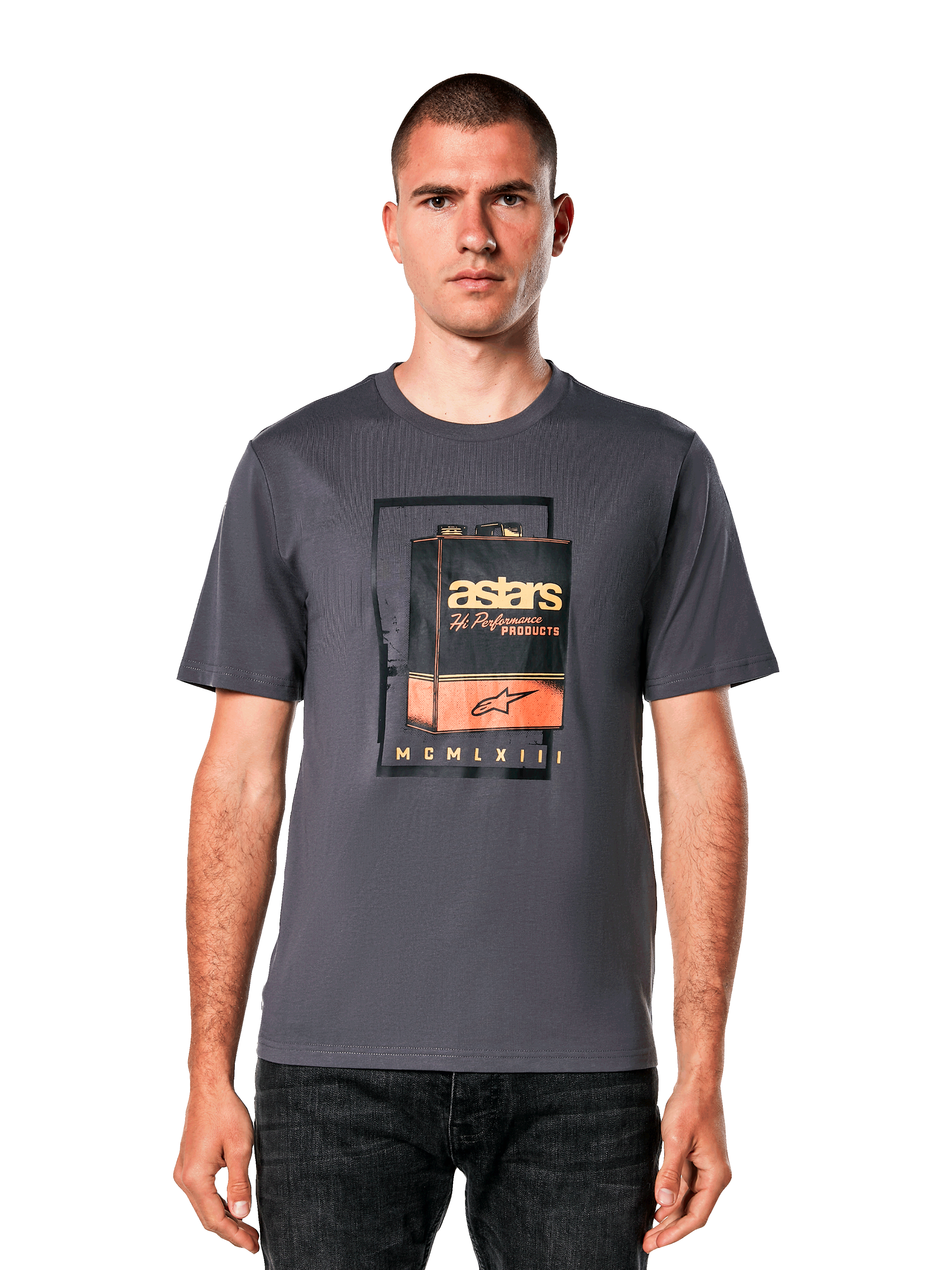 Alpinestars Galun CSF Tee, Charcoal Gray Short Sleeve T-Shirt, featuring a vintage gas can graphic with orange and white astars branding, casual motorsport-inspired streetwear