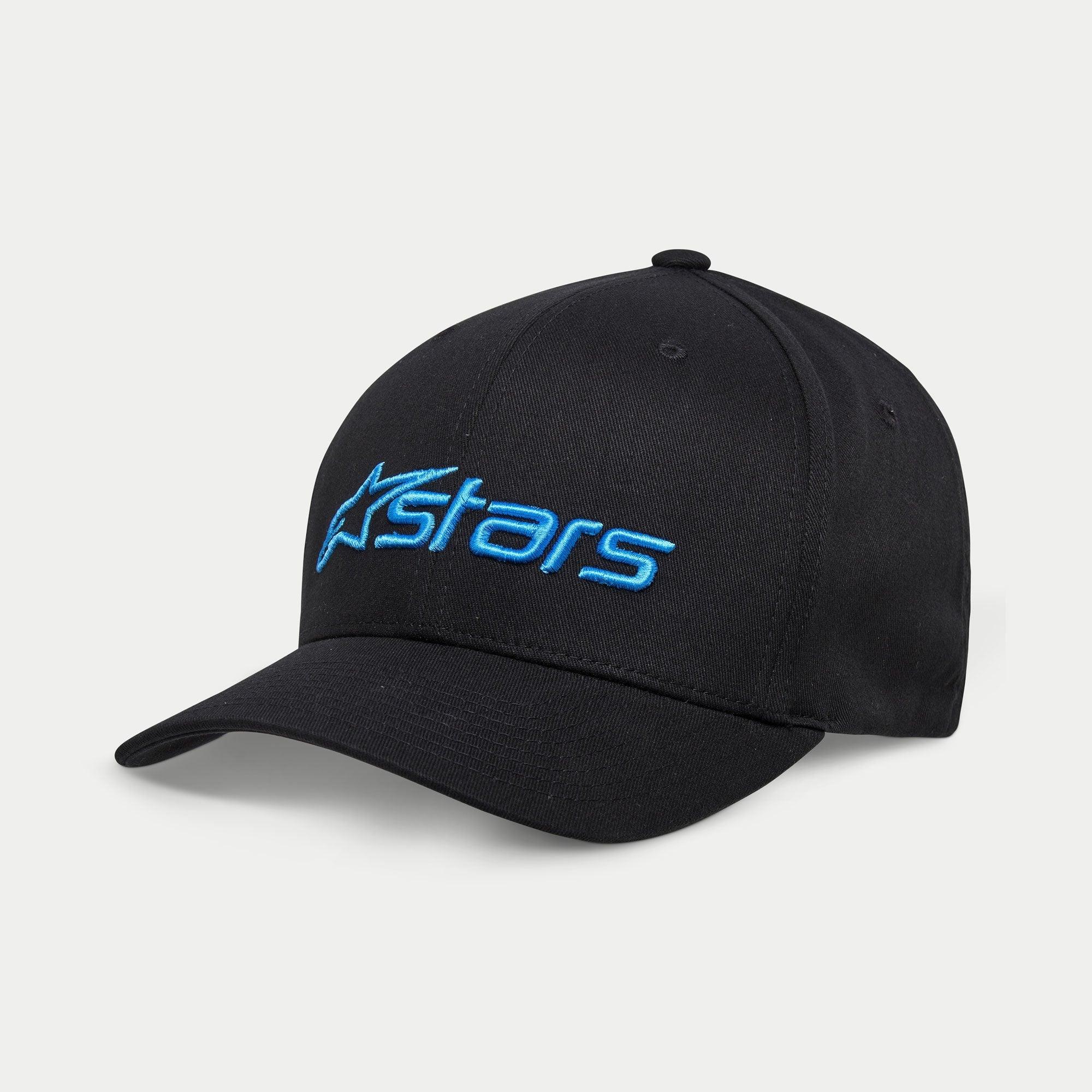 Alpinestars Blaze 2.0 Hat, Baseball Cap, Black with Light Blue Astars Logo, curved brim and structured crown, casual sportswear accessory