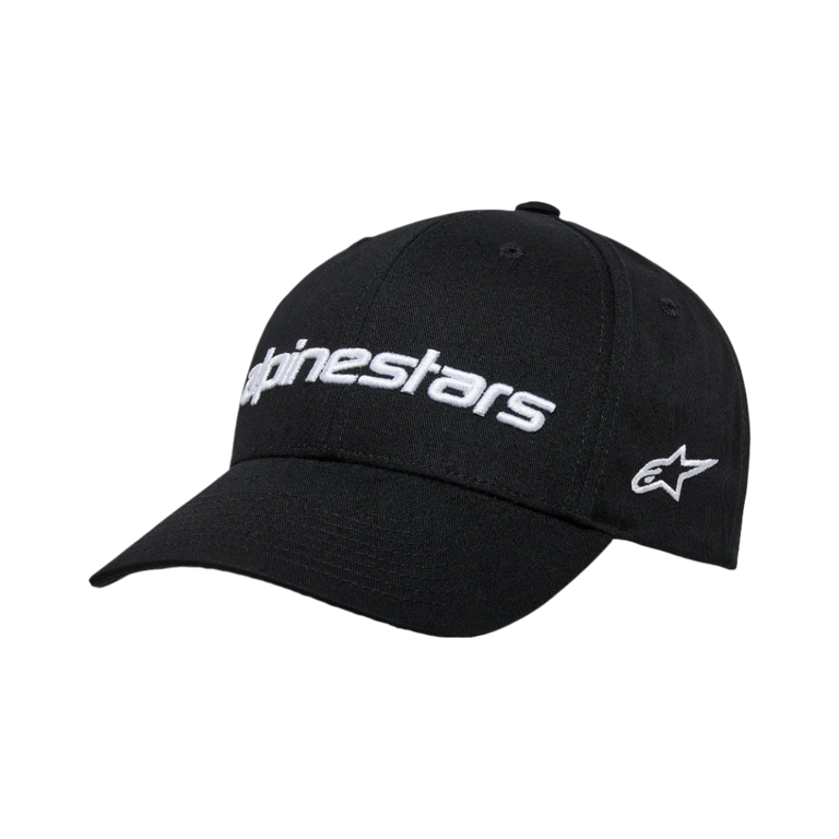 Alpinestars Linear Wordmark 2.0 Hat, Black and White, featuring 3D embroidered front Alpinestars wordmark and side Ageless logo, curved bill with structured crown, casual motorsport-inspired sportswear.