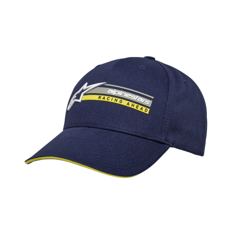 Alpinestars Par Hat, Navy Blue Snapback Cap, 3D logo embroidery with yellow 'RACING AHEAD' text, curved bill with yellow sandwich detail, structured cotton twill, casual motorsport headwear