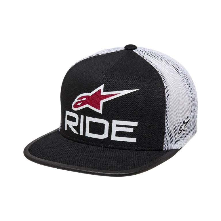 Alpinestars Ride 4.0 Trucker Hat, Black and White with Red accents, white poly mesh back, flat black bill, featuring 3D RIDE logo and red Astars symbol on front, casual motorsport-inspired headwear