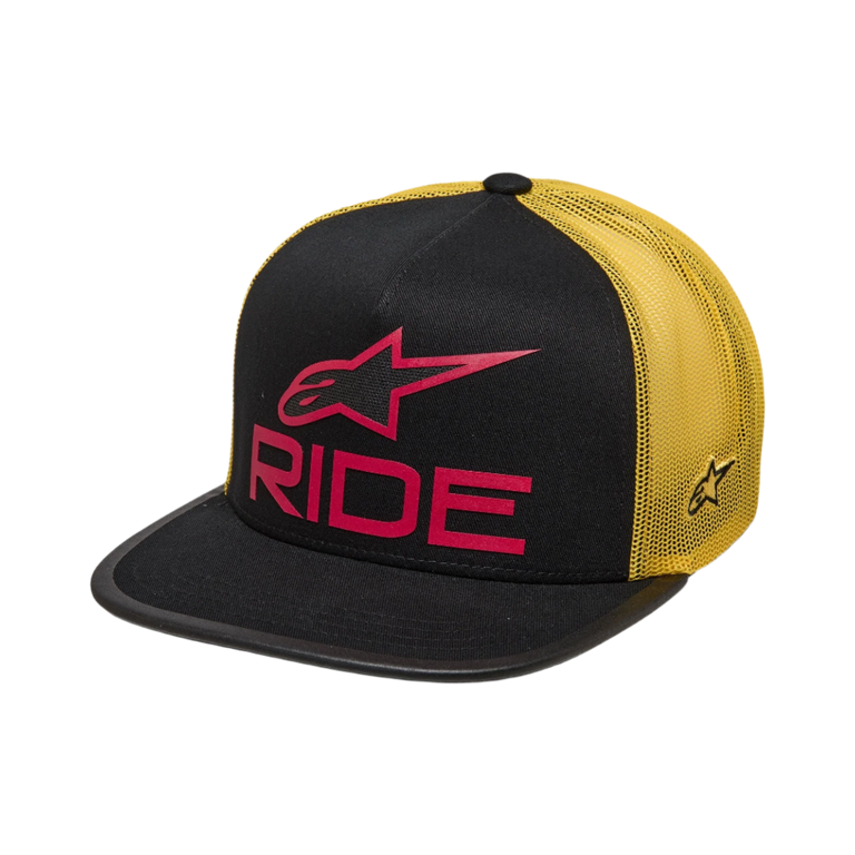 Alpinestars Ride 4.0 Trucker Hat, Snapback Cap, Black and Yellow with Red Logo, flat bill with structured crown, yellow poly mesh back, 3D Ride 4.0 branding and side star embroidery, casual motorsport-inspired headwear
