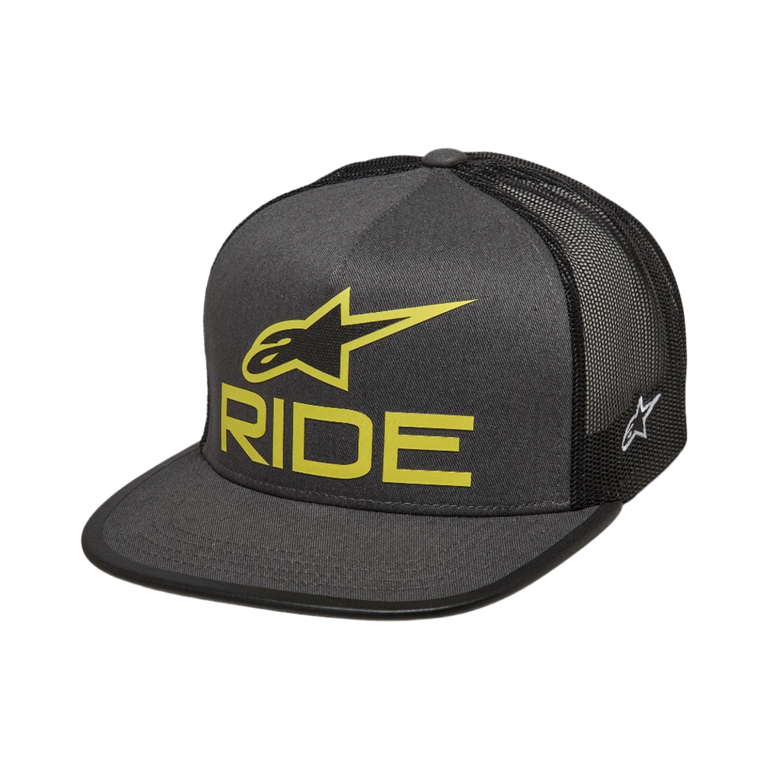 Alpinestars Ride 4.0 Trucker Hat, Charcoal and Black, Lime Yellow 3D Ride Logo, Flat bill with mesh back, Side Ageless embroidery, Casual Motorsport Streetwear