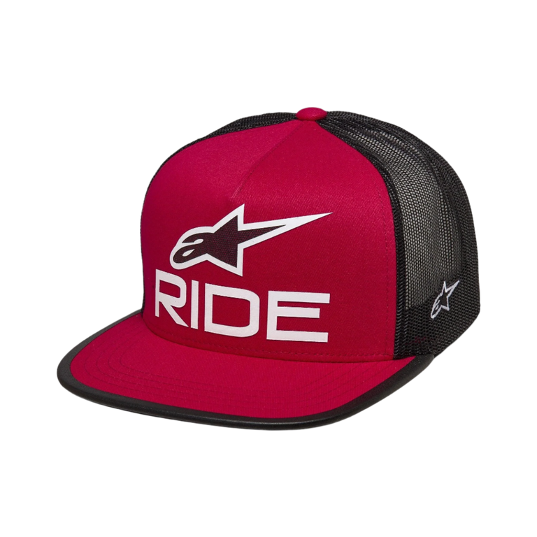 Alpinestars Ride 4.0 Trucker Hat, Red and Black, White 3D Ride logo and Astars symbol on front, black mesh back, flat bill with black trim, side Ageless embroidery, casual sportswear