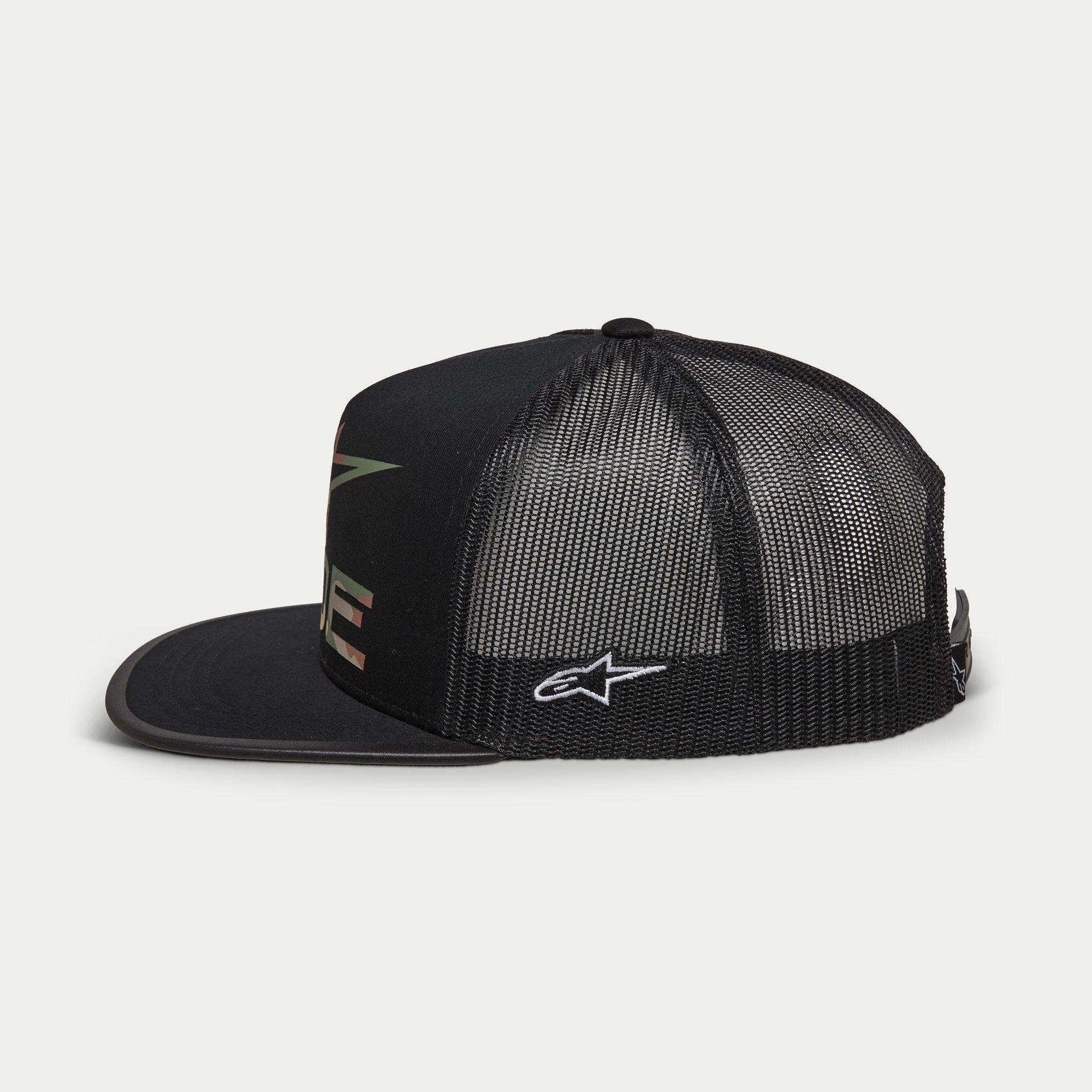 Alpinestars Ride 4.0 Camo Trucker Hat, Black, side profile view, featuring twill front and poly mesh back, white embroidered logo on the side, flat bill with camo print edge, casual motorsport-inspired headwear