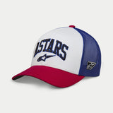 Alpinestars Dunker Trucker Hat, White Red and Blue, curved red bill, white front panel with blue mesh back, 3D Dunker embroidery on front, side logo graphic, casual motorsport-inspired headwear