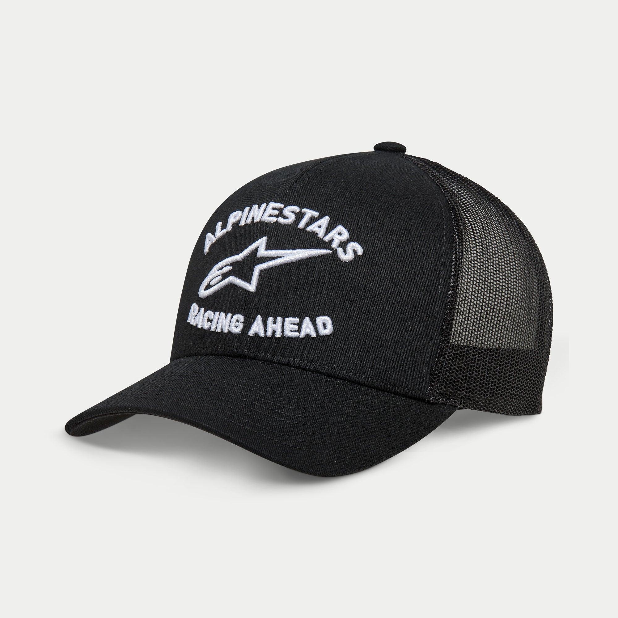 Alpinestars Triple Trucker Hat, Black Trucker Cap, Curved Bill, White 3D Embroidery with 'ALPINESTARS' and 'RACING AHEAD' Logo, Twill Front and Mesh Back Panels, Casual Motorsport Apparel