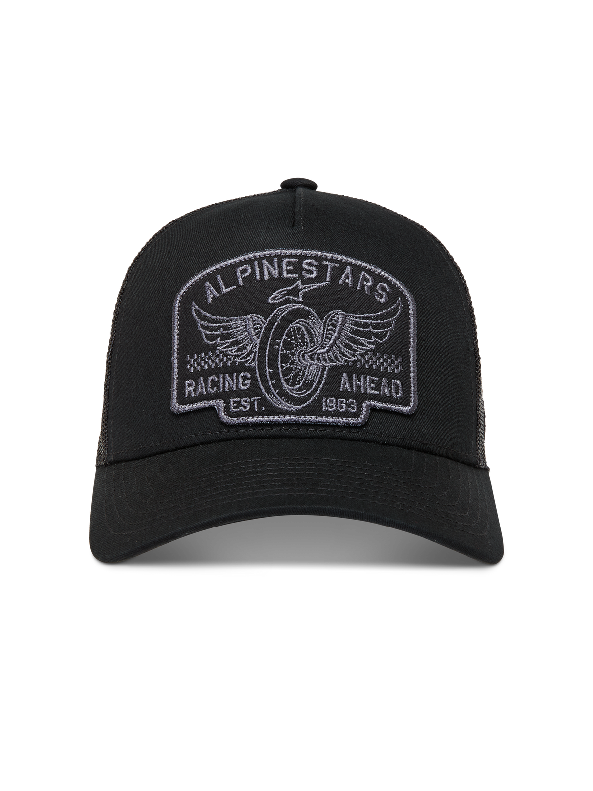 Alpinestars Heritage Patch Trucker Hat in Black and Gray, featuring a curved bill, mesh back, and embroidered racing logo.