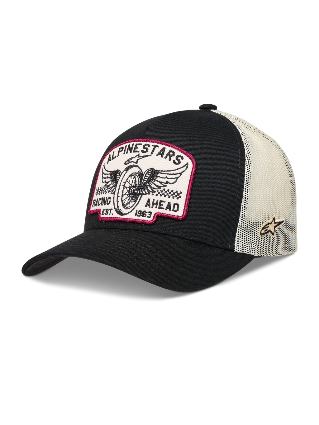 Alpinestars Heritage Patch Trucker Hat, black and natural mesh cap with vintage racing logo patch.