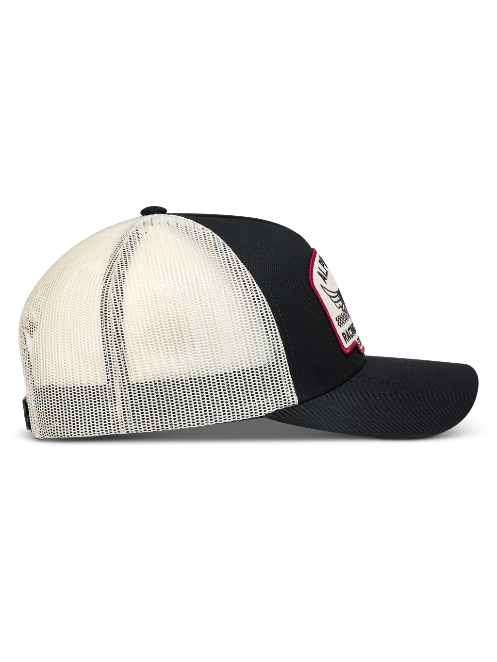 Alpinestars Heritage Patch Trucker Hat, Black and White sportswear cap with mesh back, curved bill, and embroidered patch.