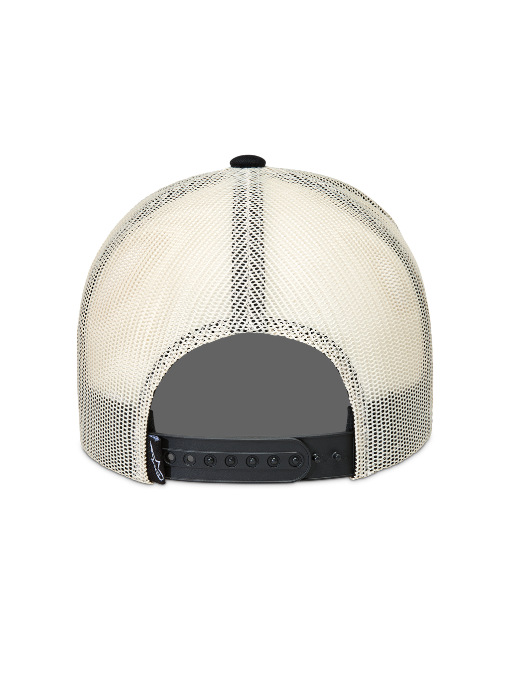 Alpinestars Heritage Patch Trucker Hat in Black and Natural, featuring a breathable poly mesh back and adjustable snapback.