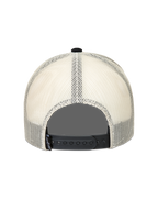 Alpinestars Heritage Patch Trucker Hat in Black and Natural, featuring a breathable poly mesh back and adjustable snapback.