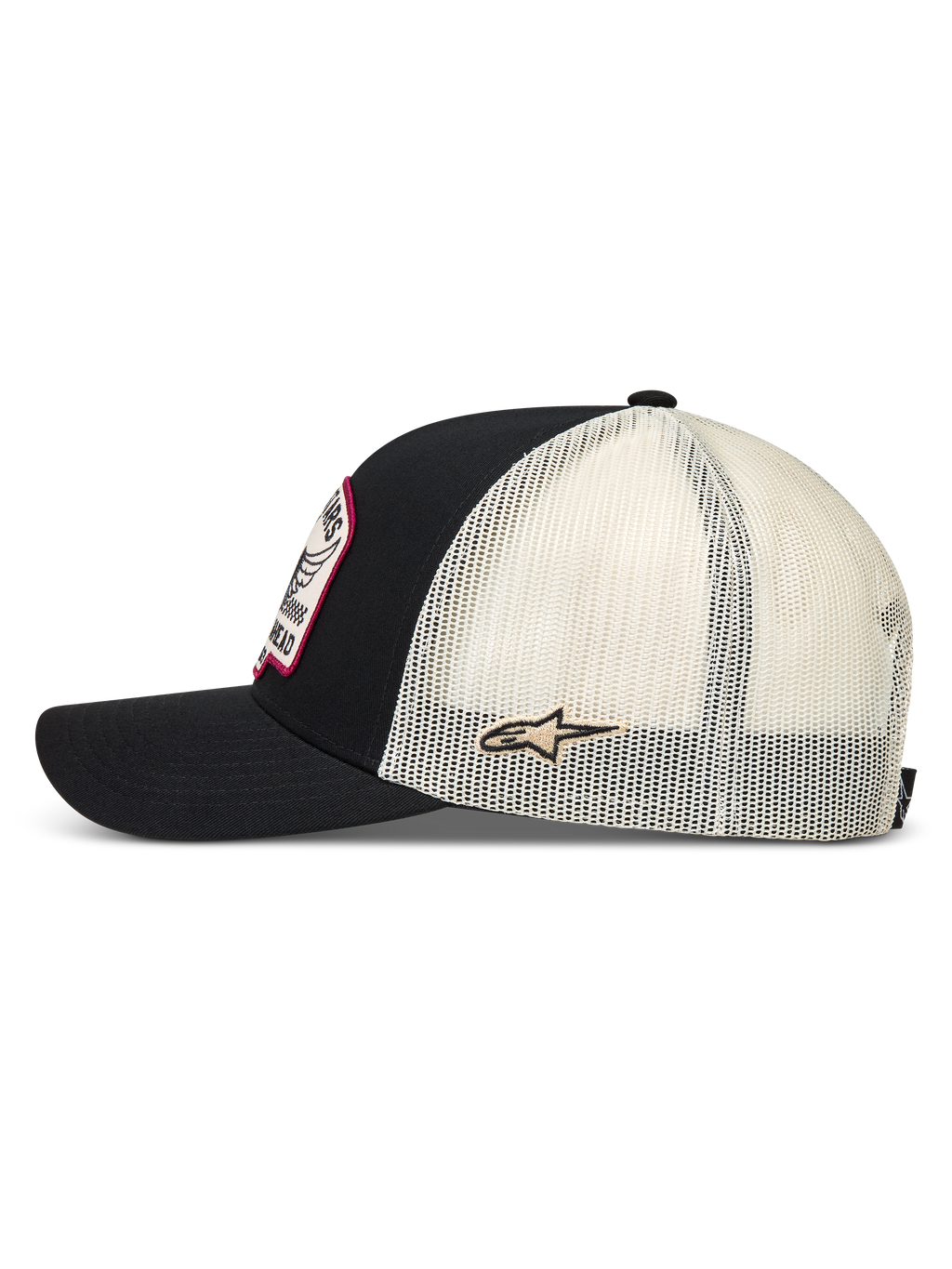 Alpinestars Heritage Patch Trucker Hat, Sportswear Snapback, Black and Natural, Mesh Back with Side Ageless Logo Patch.