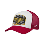 Alpinestars Heritage Patch Trucker Hat, casual snapback cap, White front panel with Red curved bill and mesh back, featuring a large embroidered heritage patch on the front and a small side logo, structured crown, motorsport-inspired headwear