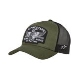 Alpinestars Heritage Patch Trucker Hat, Military Green and Black, large embroidered front patch featuring "Alpinestars Racing Ahead" winged wheel design, breathable black mesh back with side white logo, curved bill, casual motorsport headwear