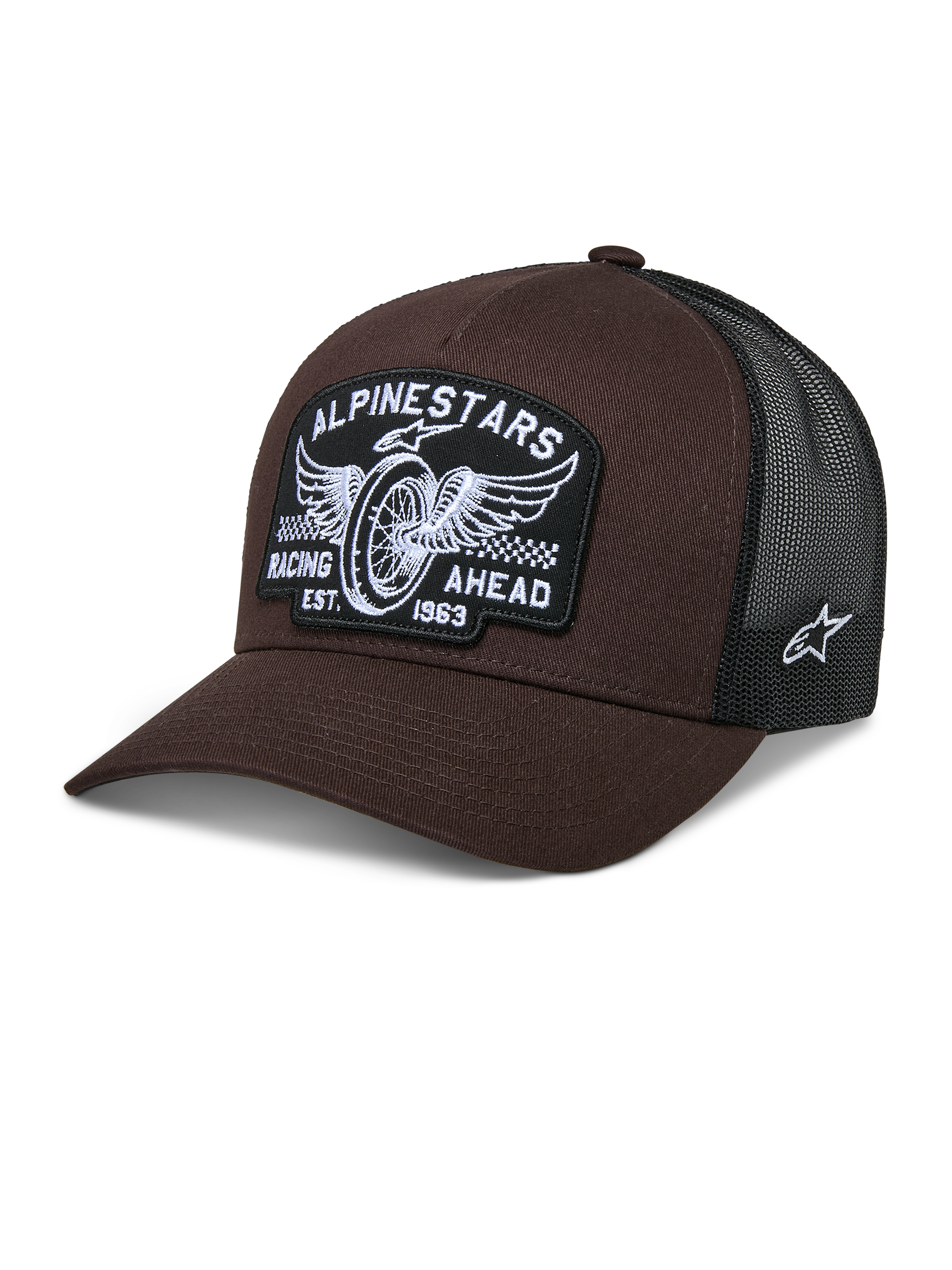 Alpinestars Heritage Patch Trucker Hat, Brown and Black, featuring a large front patch with winged wheel embroidery and 'RACING AHEAD EST. 1963' text, breathable black mesh back, curved brim, white side star logo, motorsport-inspired casual headwear