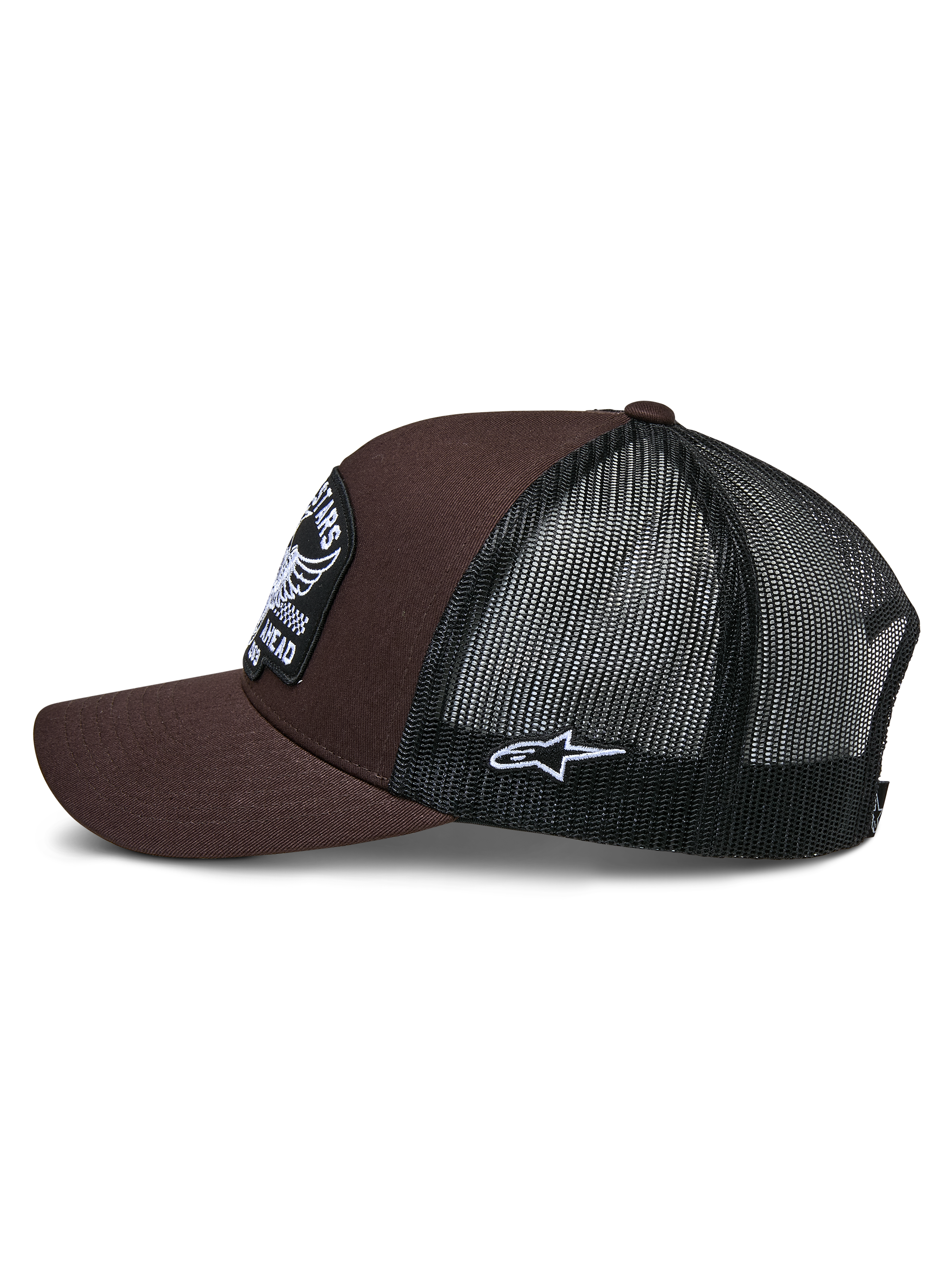Alpinestars Heritage Patch Trucker Hat, Brown and Black, side view showing brown twill front and black mesh back, white side Ageless logo patch, structured crown and curved bill