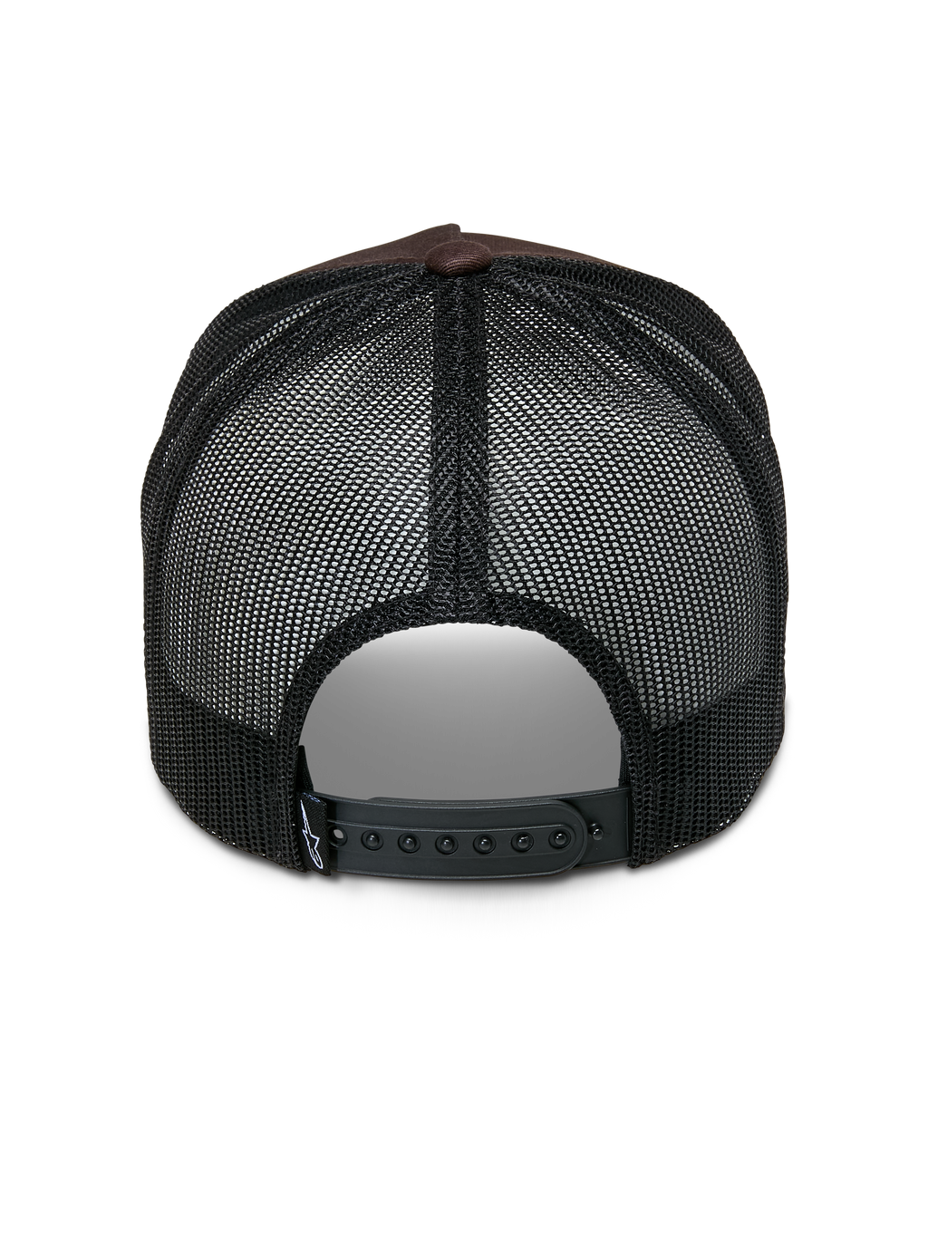Alpinestars Heritage Patch Trucker Hat, Trucker Hat, Brown and Black, back view showing black mesh panels, adjustable snapback closure, and small white logo detail on the strap