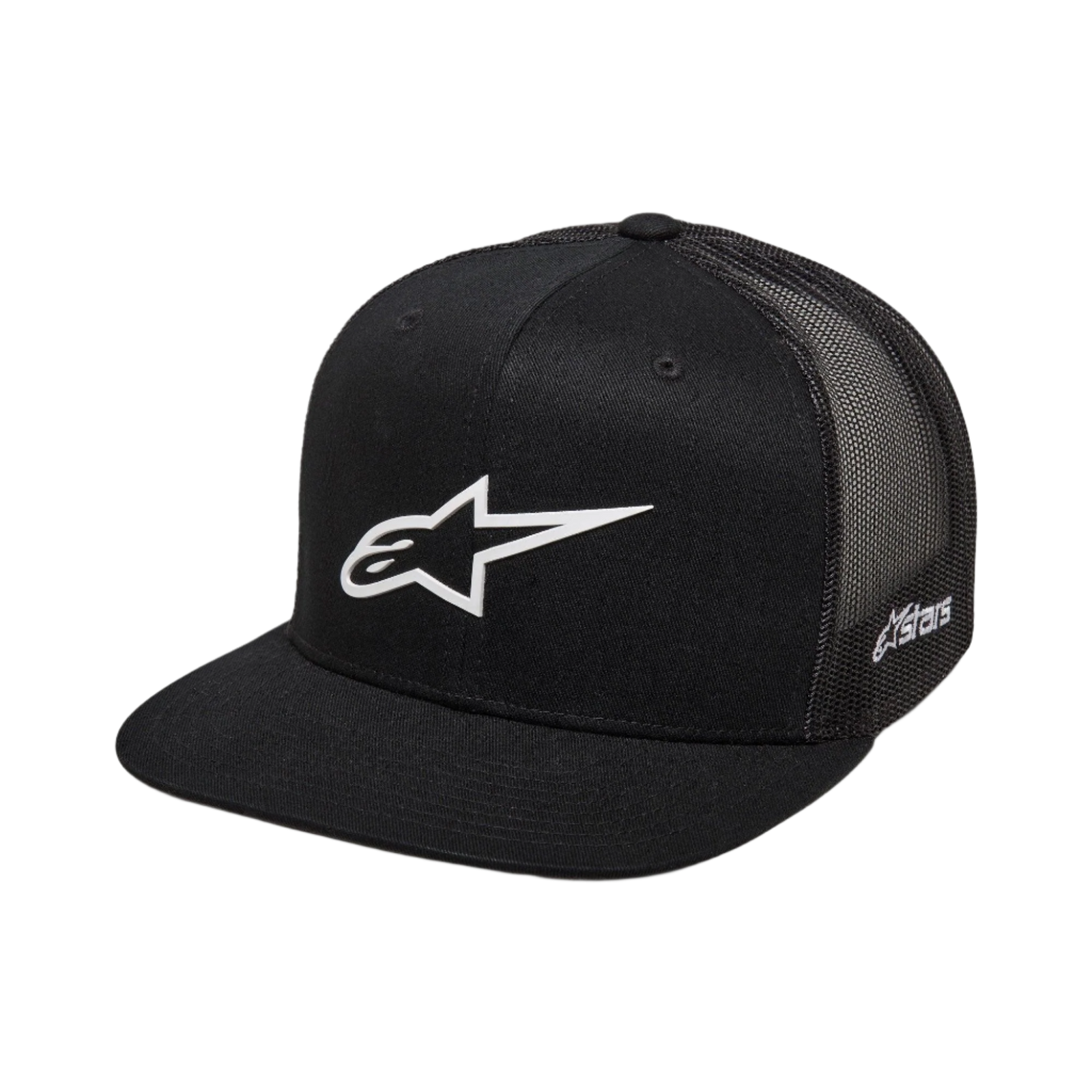 Alpinestars 3D Ageless Trucker Hat, Black with White Alpinestars Logo, Flat Bill, Structured Crown, Black Mesh Back, Casual Motorsport-Inspired Sportswear