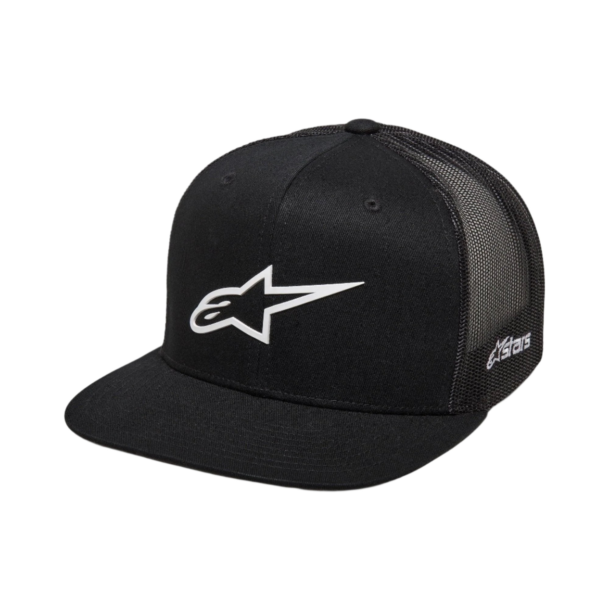 Alpinestars 3D Ageless Trucker Hat, Black with White Alpinestars Logo, Flat Bill, Structured Crown, Black Mesh Back, Casual Motorsport-Inspired Sportswear