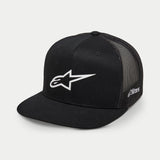Alpinestars 3D Ageless Trucker Hat, Black and White, structured crown with flat bill, poly mesh back, featuring a large white 3D embroidered Ageless logo on the front and side Astars branding, casual motorsport lifestyle cap