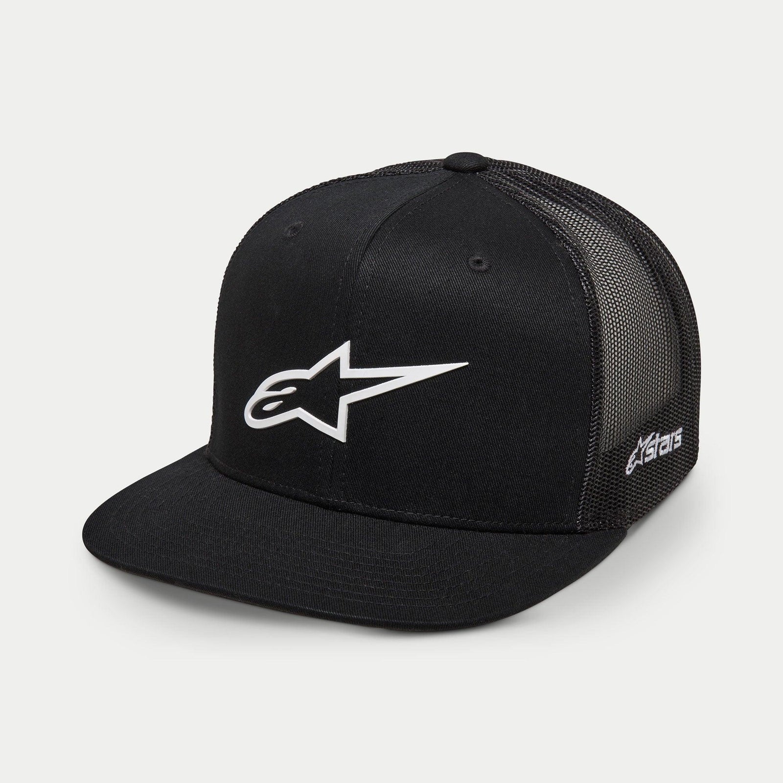 Alpinestars 3D Ageless Trucker Hat, Black and White, structured crown with flat bill, poly mesh back, featuring a large white 3D embroidered Ageless logo on the front and side Astars branding, casual motorsport lifestyle cap
