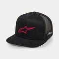 Alpinestars 3D Ageless Trucker Hat, Black and Red, featuring a red embroidered star logo on the front, black mesh back panels, flat bill, white side embroidery, casual motorsport-inspired headwear