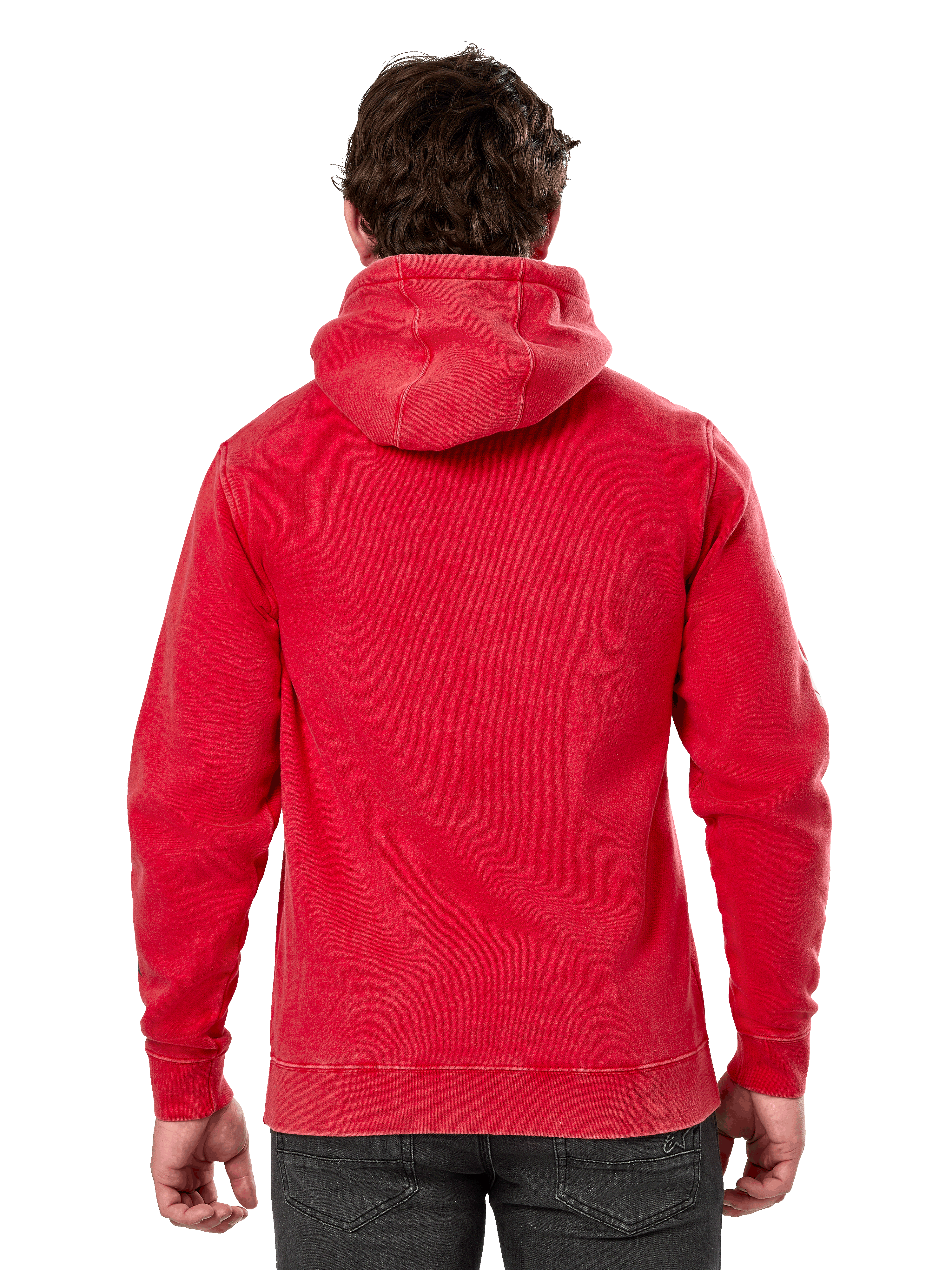 Alpinestars Unbound Hoodie, back view of red garment-dyed fleece pullover, casual streetwear, featuring rib cuffs and hem, self-lined hood, worn with dark pants