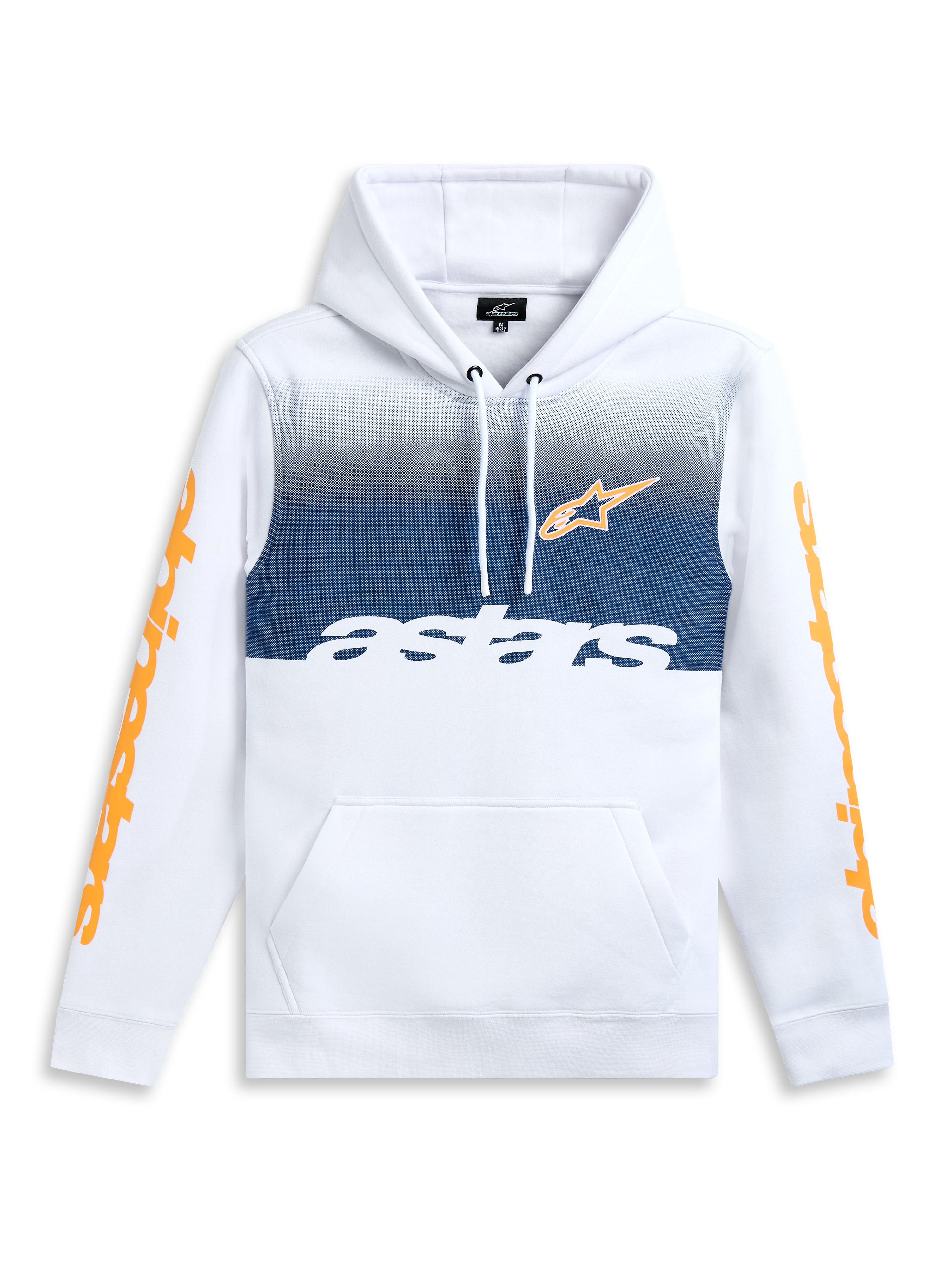 Alpinestars Specter Hoodie, white sportswear fleece pullover with gradation fade print, kangaroo pocket, and orange sleeve wordmarks