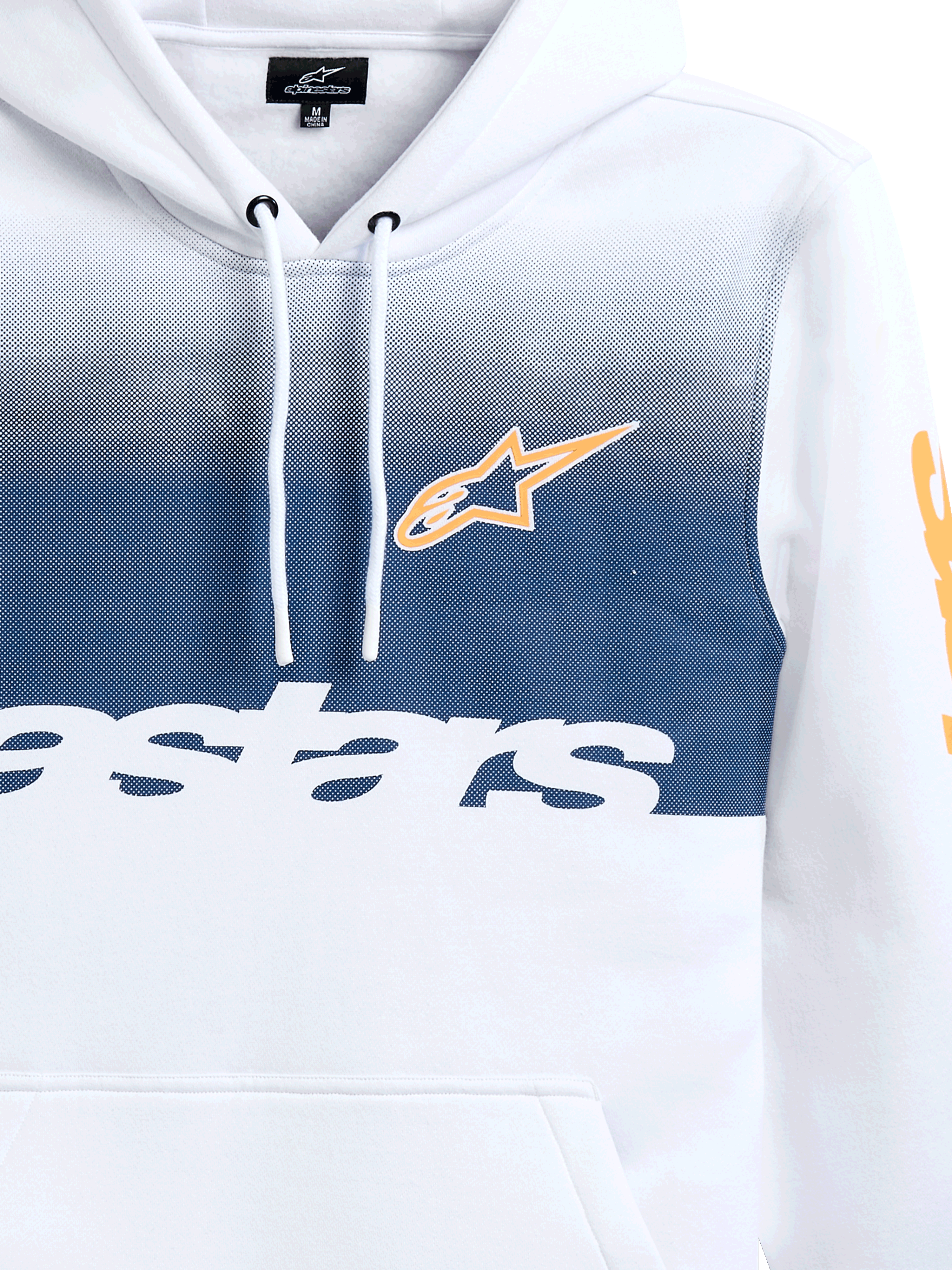 Alpinestars Specter Hoodie, White with navy blue gradation fade print, featuring orange Alpinestars star logo and white wordmark, casual motorsport-inspired streetwear fleece hoodie with drawstring hood