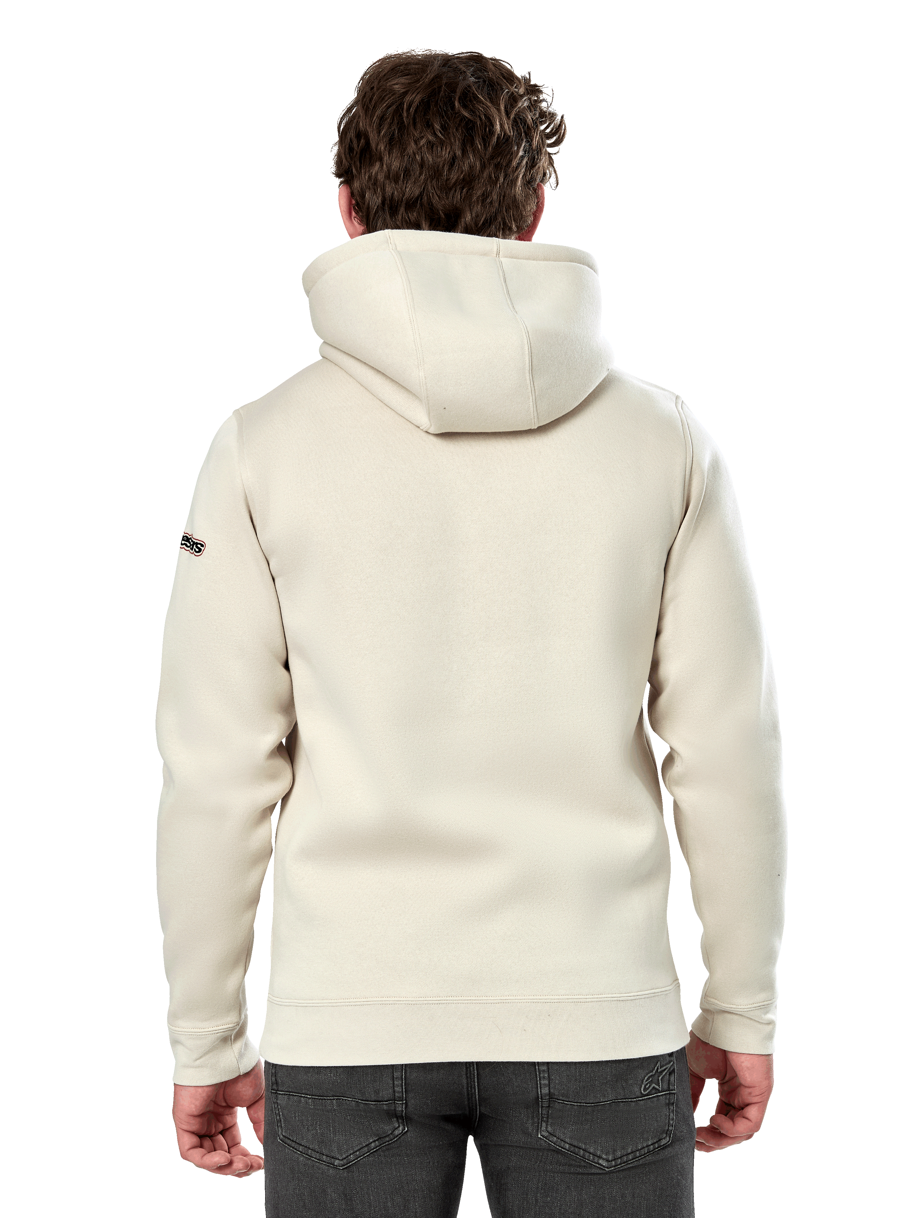 Alpinestars Insignia Hoodie, back view of a man wearing a casual pullover fleece, Off White, featuring a self-lined hood and ribbed cuffs, motorsport-inspired streetwear