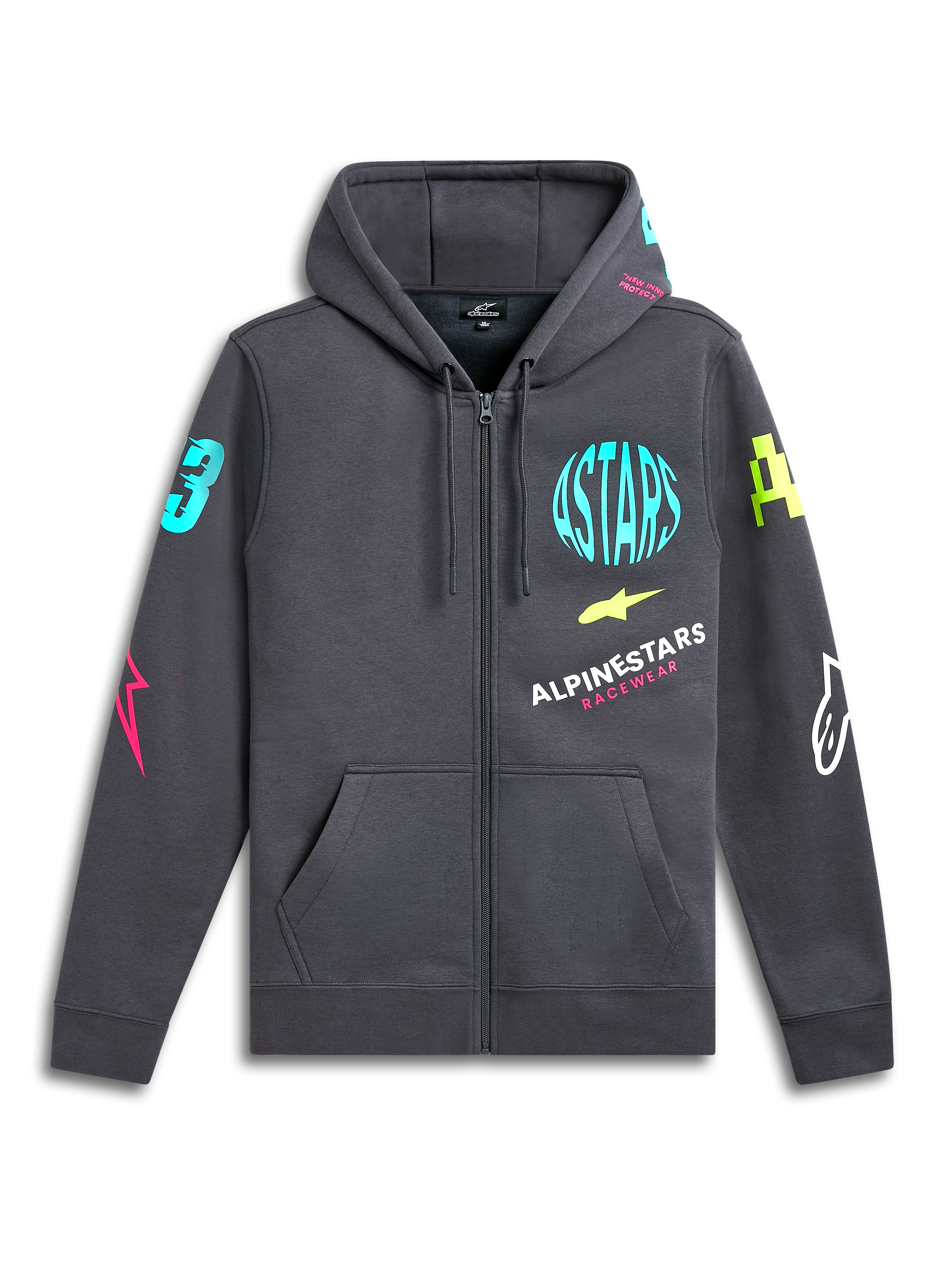 Alpinestars Variegate Hoodie, zip-front fleece hoodie, Gunmetal Gray, vibrant neon logos on chest and sleeves, kangaroo pocket, drawstring hood, casual motorsport-inspired streetwear