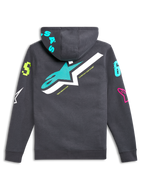 Alpinestars Variegate Hoodie, back view, gunmetal gray with large teal and white star logo, vibrant multi-colored graphic logos on sleeves and hood, casual motorsport-inspired streetwear