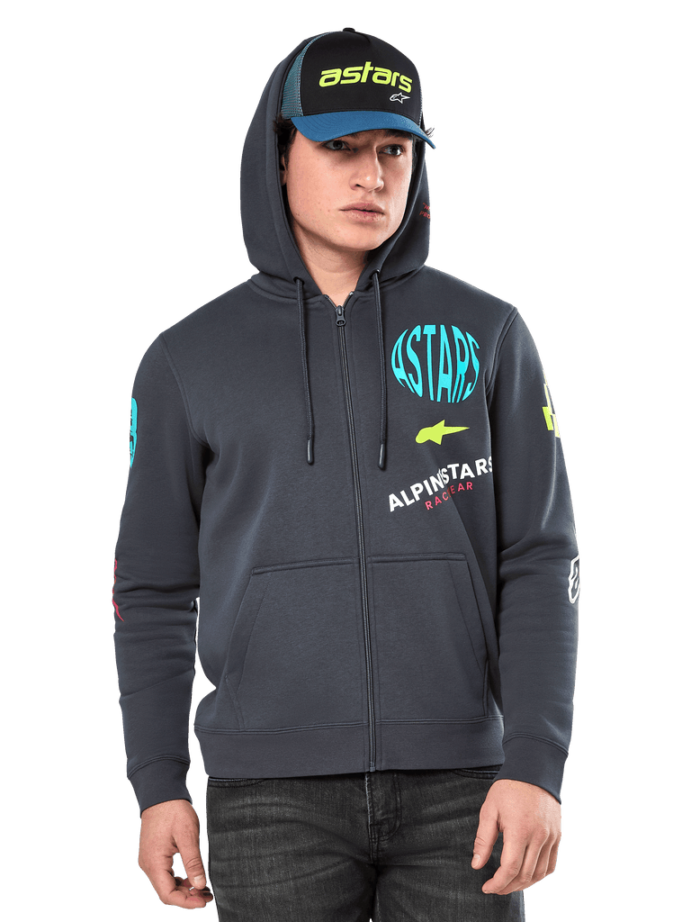 Alpinestars Variegate Hoodie, Zip-front fleece hoodie, Gunmetal gray with multi-color logo graphics on chest and sleeves, worn by model with matching cap, casual streetwear with kangaroo pockets and full-length zipper