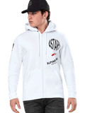 Alpinestars Variegate Hoodie, White Zip-Up Hoodie with black and red ASTARS racing graphics, worn by a model with a black cap and dark jeans, casual motorsport streetwear featuring a kangaroo pocket and drawstring hood