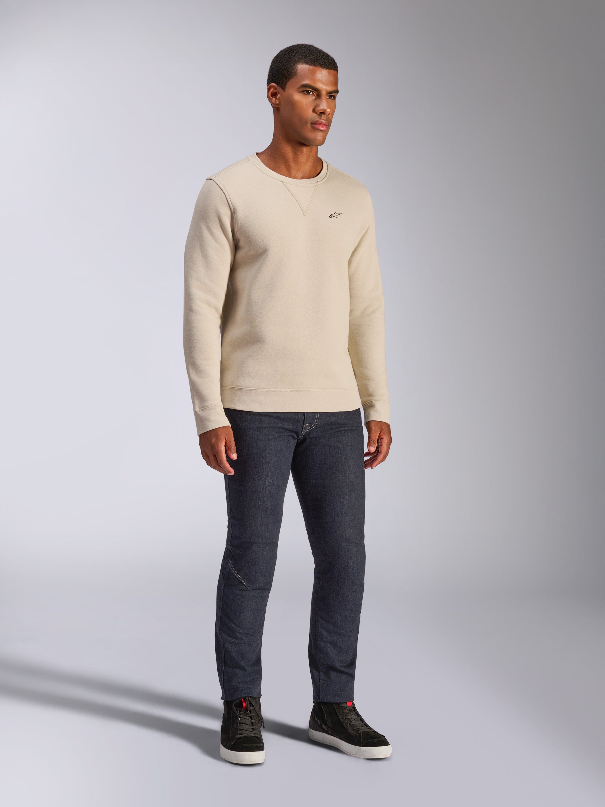 Alpinestars Positive Crew, Crewneck Sweatshirt, Off White, casual streetwear, featuring small black A-star logo on chest, ribbed neck with v-stitch detail, long sleeves, modern motorsport-inspired design.