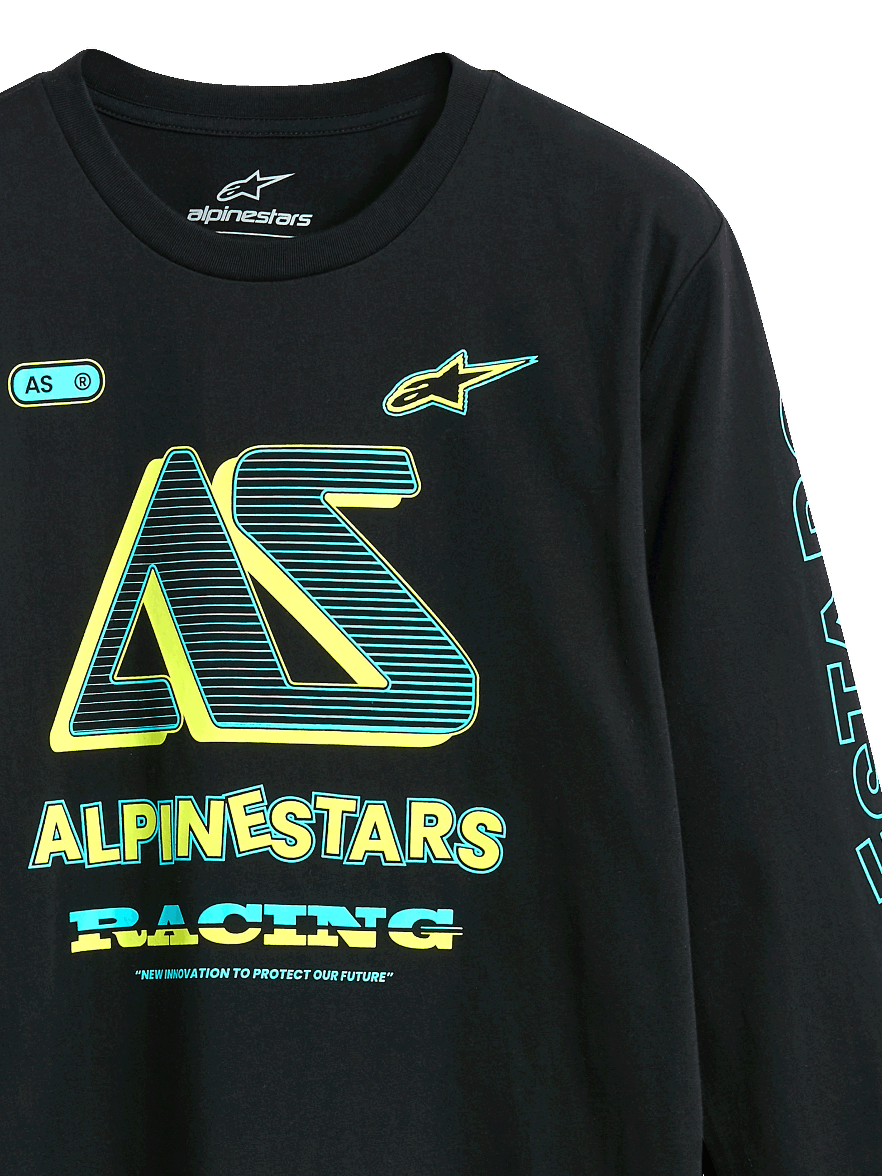 Alpinestars Ayess CSF Tee, Long Sleeve T-Shirt, Black, Front graphics with 'AS' logo and 'Alpinestars Racing' in yellow and cyan, casual motorsport-inspired streetwear