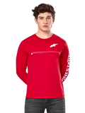 Alpinestars Committed CSF Long Sleeve Tee, Red, worn by a model, featuring white Astars chest logo and Alpinestars sleeve graphic, horizontal white chest line, casual motorsport-inspired streetwear
